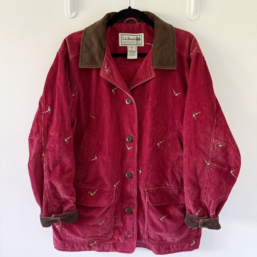 Vtg L.L. Bean Women's XL Petite Red Corduroy Oriole Birds Embordered Coat Jacket